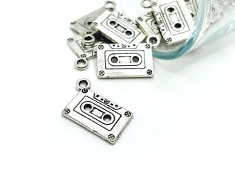 4, 20, or 50 BULK Silver Cassette Charms, Music Charm, Music Tape, Double Sided,  13x27 mm | Ships Immediately from USA | AS776