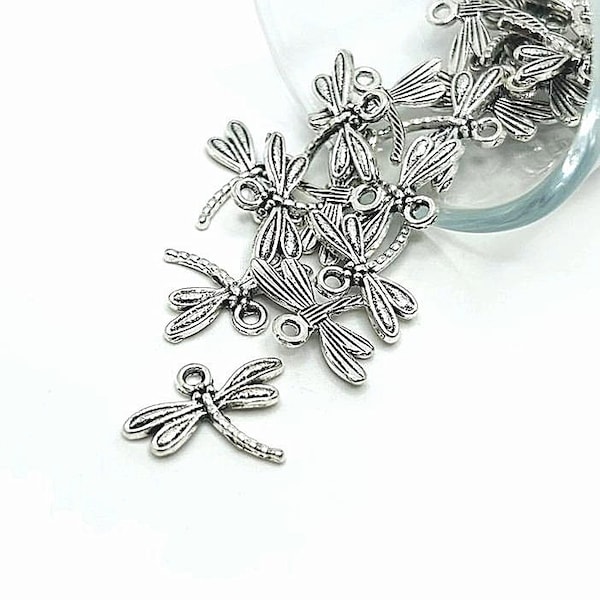 4, 20 or 50 BULK Silver toned Dragonfly Charms, Silver Bug Charm, 14x18mm | Ships Immediately from USA | AS296