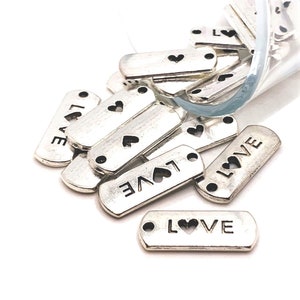 4, 20 or 50 BULK Love Bar Tags, Antique Silver Word Charm, Heart, 21x8mm | Ships Immediately from USA | AS156