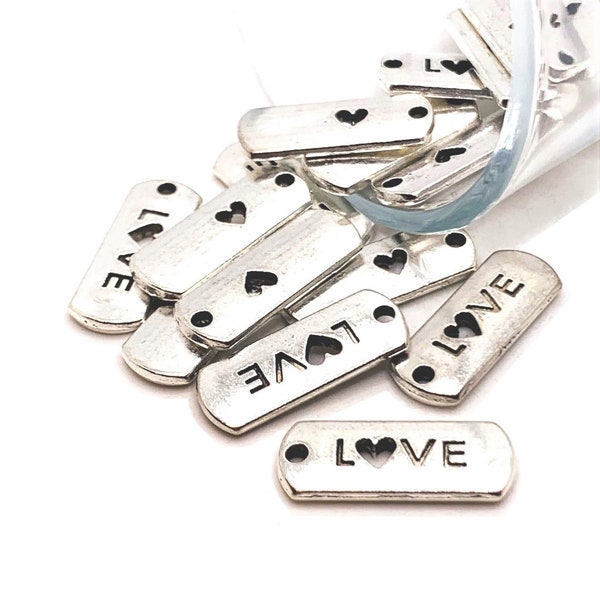 Love Bar-tags voor 4, 20 of 50 BULK, antiekzilveren woordbedel, hart, 21 x 8 mm | Wordt onmiddellijk verzonden vanuit de VS | AS156