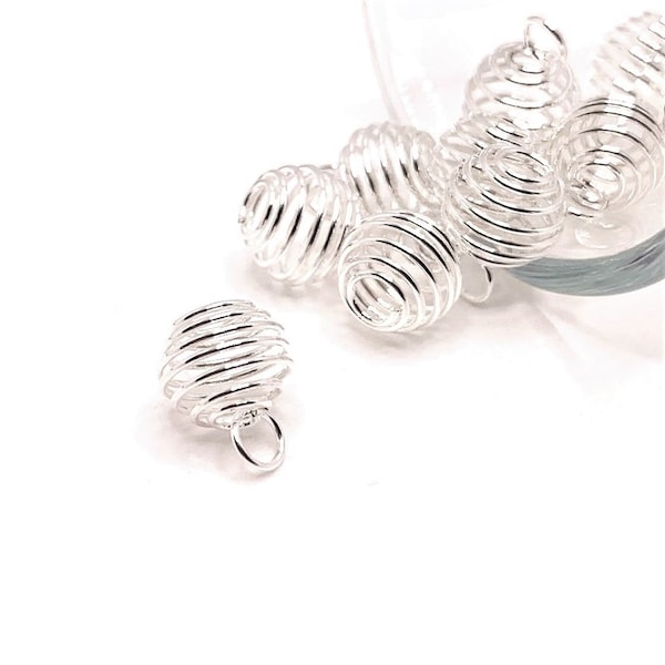 4, 20 or 50 BULK Silver Spiral Bead Cages, Captive Bead Charm, Lantern Bead, 8mm | Ships Immediately from USA | SL589