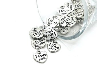 1, 4, 20 or 50 BULK Antique Silver Small I Love You Heart Charms, Valentine's Day, Double Sided, 12x11 | Ships Immediately from USA | AS1769