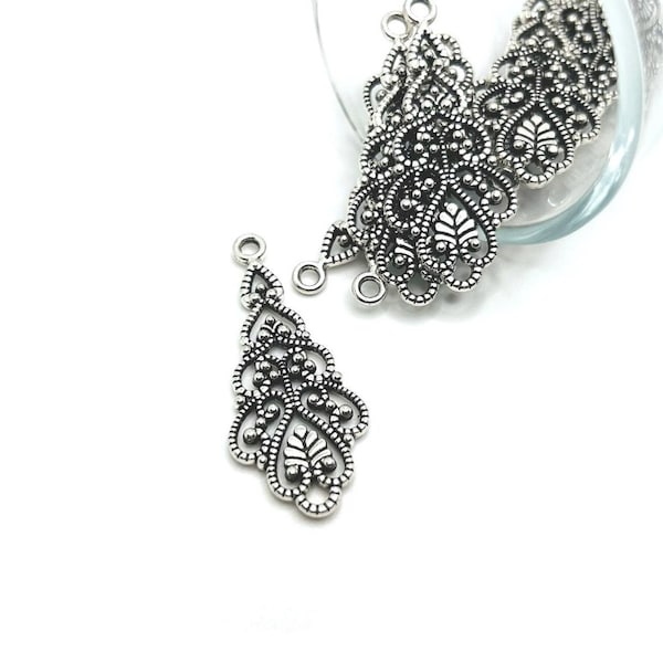 4, 20 or 50 BULK Antique Silver Filigree Pendant Charms, Filigree Scroll, Teardrop | Ships Immediately from USA | AS959