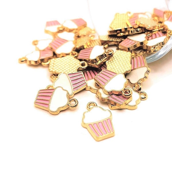 4, 20, or 50 BULK Enamel Cupcake Charms, Pink and White Cupcake, Birthday Charm, Baker, Foodie, 16x11mm | Ships Immediately from USA | EN202