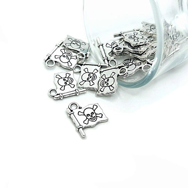 4, 20 or 50 BULK Silver Pirate Flag Charms, Pirates Skull and Cross Bones, Jolly Roger Flag, 16x14mm | Ships Immediately from USA | AS870