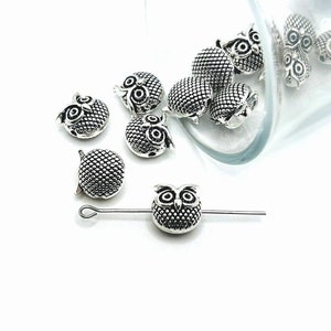 4, 20 or 50 BULK Silver Round Owl Spacer Bead Charms, Double sided | Ships Immediately from USA | AS1299