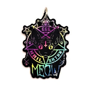 1, 4 or 20 BULK 666 Hail Satan Cat Rainbow Acrylic Charm, Hellish Kitty | Ships Immediately from USA | MC1368