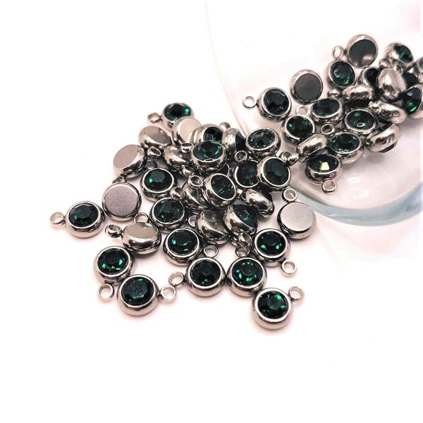 4, 20 or 50 BULK 201 Stainless Steel Silver Dark Green May Birthstone Rhinestones, Emerald | Ships Immediately from USA | DG1509