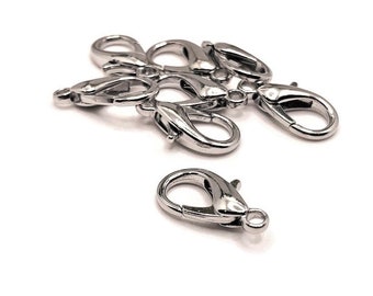 100 BULK Large 8 x 16 mm Rhodium / Antique Silver Lobster Clasps, Plated Claw Clasps, Wholesale Clasp | Ships Immediately from USA | AS1142