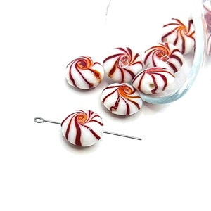 4, 20 or 50 BULK Glass Red and White Mint Candy Lamp work Bead Charms, 17mm | Ships Immediately from USA | RD1323