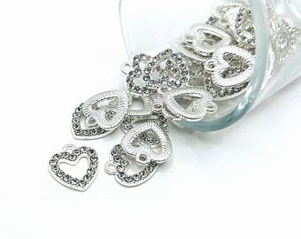 1, 4, 20 or 50 BULK Silver Open Heart Charm with Rhinestones, Love Charm, Silver Heart Ring | Ships Immediately from USA | SL918