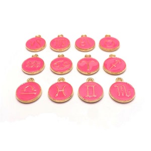 12 or 60 BULK Bright Pink and Gold Enamel Zodiac Constellation Charms Astrology Birth Sign Double Sided Coin | Ready to Ship USA | BP1002