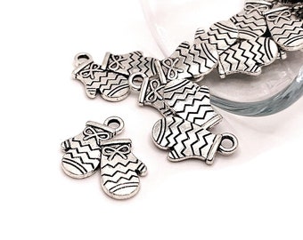 4, 20 or 50 BULK Silver Mitten Charms, Christmas Charm, Gloves, Snow, Winter, Double Sided, 15x15mm | Ships Immediately from USA | AS497