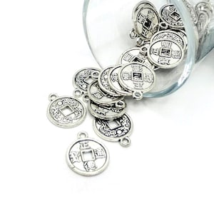 4, 20 or 50 BULK Chinese Coin Charms, Dynasty, Lucky Silver Charm, Double Sided, 12x10mm | Ships Immediately from USA | AS205