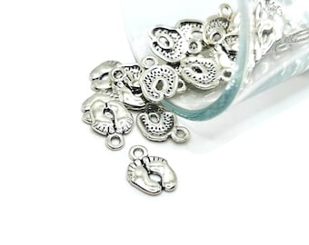 4, 20, or 50 BULK Silver Baby Feet Charms, Baby Shower, Small Feet Charm, 13x10mm | Ships Immediately from USA | AS716
