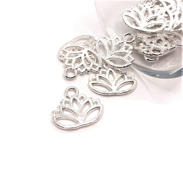 4, 20 or 50 BULK Bright Silver Lotus Flower Charms, Yoga Charm, Double Sided, 16x14mm | Ships Immediately from USA | SL415