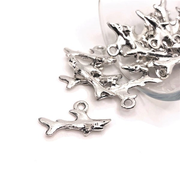 4, 20 or 50 BULK Silver Shark Charms, Jaws Charm, Double Sided, 23x12mm | Ships Immediately from USA | AS403