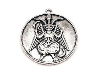 1, 4, 20 or 50 BULK Pieces Silver Baphomet Coin Pendants, Satan Charm, Satanic, Lucifer, Halloween Devil | Ready to Ship from USA | AS1480