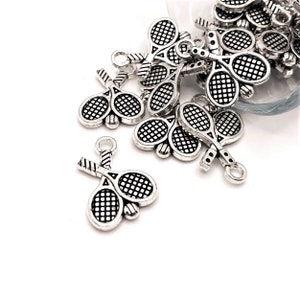 4, 20 or 50 BULK Silver Tennis Racket Charms, Tennis Charm, Racket Ball, Double Sided, 13x12mm | Ships Immediately from USA | AS471