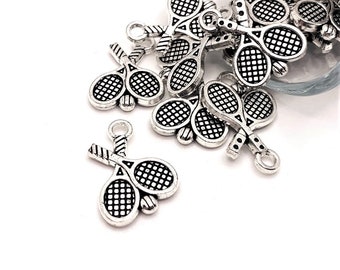 4, 20 or 50 BULK Silver Tennis Racket Charms, Tennis Charm, Racket Ball, Double Sided, 13x12mm | Ships Immediately from USA | AS471