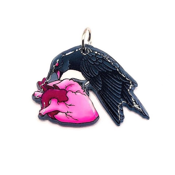 1, 4 or 20 BULK Raven Eating Heart Charm Pendant, Crow Heart Goth, Pink and Black | Ships Immediately from USA | PK1215