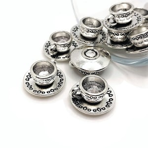 4, 20 or 50 BULK Silver Cup and Saucer Charms, 3D Cup, Tea cup, Coffee Mug Charm, 14x8mm | Ships Immediately from USA | SL331