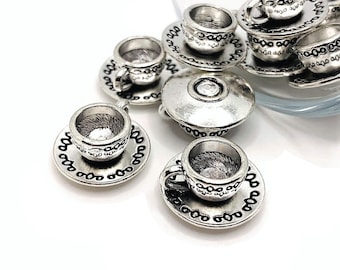 4, 20 or 50 BULK Silver Cup and Saucer Charms, 3D Cup, Tea cup, Coffee Mug Charm, 14x8mm | Ships Immediately from USA | SL331
