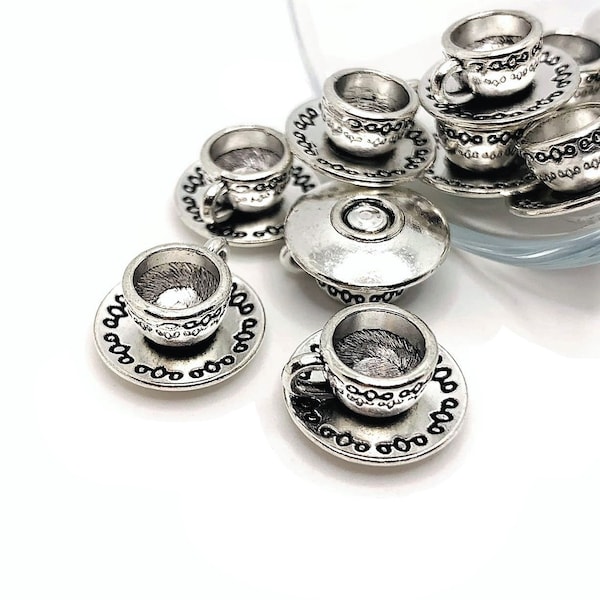 4, 20 or 50 BULK Silver Cup and Saucer Charms, 3D Cup, Tea cup, Coffee Mug Charm, 14x8mm | Ships Immediately from USA | SL331
