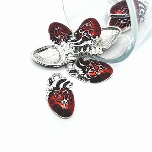 1, 4 or 20 Silver Anatomical Human Heart Charms with Red Enamel, Anatomy, Love, Valentine&#39;s Day, Goth | Ships Immediately from USA | RD1332