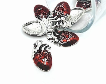 1, 4 or 20 Silver Anatomical Human Heart Charms with Red Enamel, Anatomy, Love, Valentine's Day, Goth | Ships Immediately from USA | RD1332