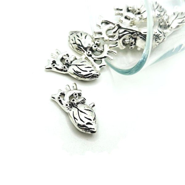 1, 4 or 20 Silver Anatomical Human Heart Charms, 3D, Anatomy, Love, Steampunk, Valentine's Day, 27x13mm | Ships Immediately from USA AS732