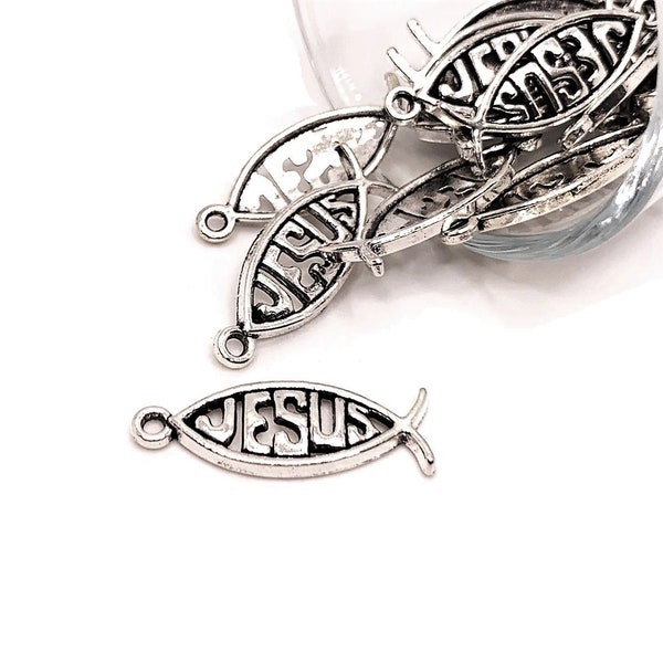 4, 20 or 50 BULK Silver Jesus Fish Charms, Religious, Christian, Catholic, Jesus Saves, Ichthus 27x10mm | Ships Immediately from USA | AS547