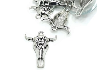 4, 20 or 50 BULK Silver Cattle Skull Charm, Steer Skull, Cowboy, Western, 32x26mm | Ships Immediately from USA | AS507