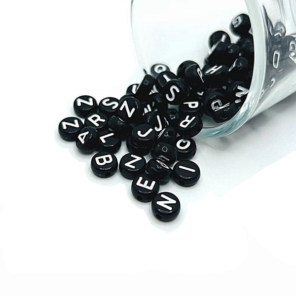 200 Round Alphabet Beads, White and Black Letter, Plastic Letter Charm, 7mm | Ships Immediately from USA | BK857