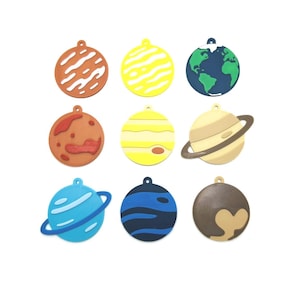 May include: Nine colorful planet-shaped ornaments with a loop at the top for hanging. The planets include Earth, Jupiter, Saturn, and others, each with unique surface details and colors. Perfect for space-themed decorations or educational projects.