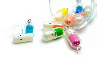 1, 4, 20 or 50 BULK Mixed Kawaii Happy Pill Charms with Smiley Face, Wish capsule with hook | Ships Immediately from USA | MC1198
