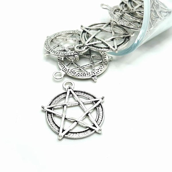 4, 20 or 50 BULK Silver Pentacle Charms, Pentagram, Witch Charm, Halloween, Wiccan, Layered | Ships Immediately from USA | AS981