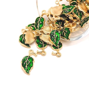 4, 20 or 50 BULK Curved Leaf Charms, Green and Gold Enamel Leaf Charm, Green Leaves | Ships Immediately from USA | GR1034