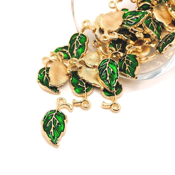 4, 20 or 50 BULK Curved Leaf Charms, Green and Gold Enamel Leaf Charm, Green Leaves | Ships Immediately from USA | GR1034