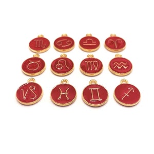 12 or 60 BULK Red and Gold Enamel Zodiac Constellation Charms, Astrology, Birth Sign, Double Sided Coin | Ready to Ship from USA | RD1002