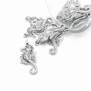 4, 20 or 50 BULK Silver Seahorse Charms, Ocean Sea Horse, Marine, 12 x 29mm | Ships Immediately from USA | AS009
