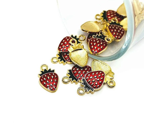 4, 20, or 50 BULK Red Strawberry Charms, Summer Charm, Food Charm, Enamel Strawberry | Ships Immediately from USA | EN972