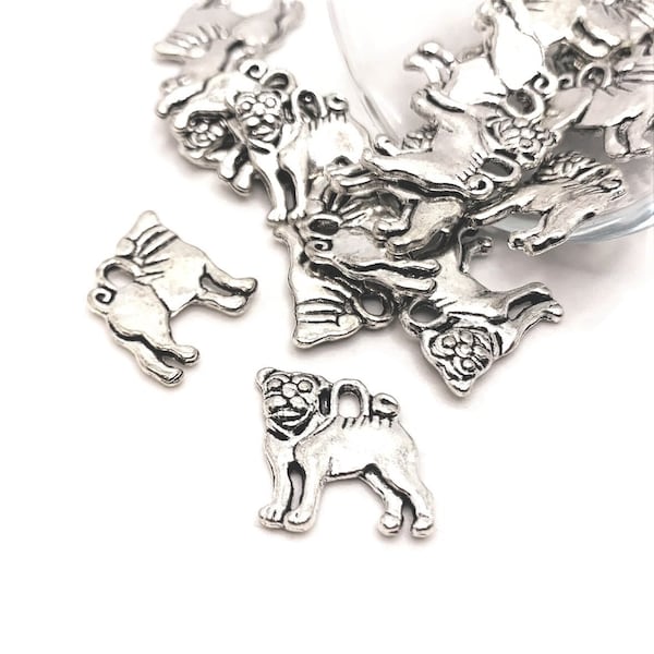 4, 20 or 50 BULK Silver Pug Charms, Double Sided, Puppy Charm, Bull Dog, Love my Dog, 15x16mm | Ships Immediately from USA | AS225