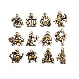 12 or 60 BULK Zodiac Character Signs, Astrology Birth Set, Bronze Charms | Ships Immediately from USA | BR211