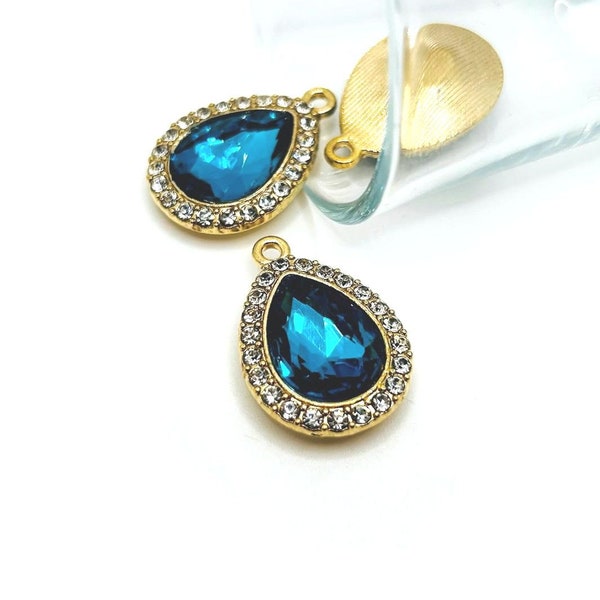 2 Light Blue, Diamond and Gold Teardrop Charms, Large Rhinestone Charm, Victorian, Vintage, 30x21mm | Ships Immediately from USA | AB659-2