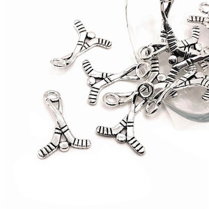 4, 20 or 50 BULK Hockey Stick Charms, Hockey Stick and Puck Silver Hockey Team, Canada, CD | Ready to Ship USA | AS560