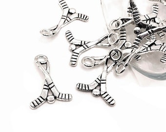4, 20 or 50 BULK Hockey Stick Charms, Hockey Stick and Puck Silver Hockey Team, Canada, CD | Ready to Ship USA | AS560