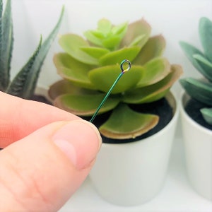 May include: A thin, iridescent, green wire with a small loop at the top. The wire is held in a hand against a blurred background of potted plants.