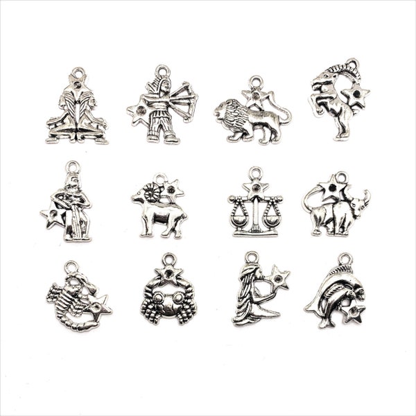 12 or 60 BULK Zodiac Character Signs, Astrology Birth Set, Silver Charms | Ships Immediately from USA | AS211