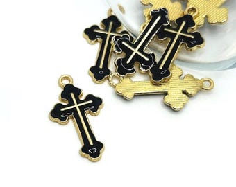 1, 4, 20 or 50 BULK Black Enamel Cross Charms, Pink and Gold, Christian Catholic | Ships Quickly from USA | BK1807